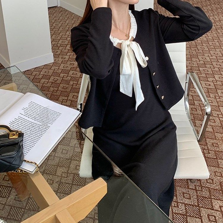 法式優雅氣質大碼女秋冬胖mm小香風蝴蝶結系帶外套吊帶裙兩件套