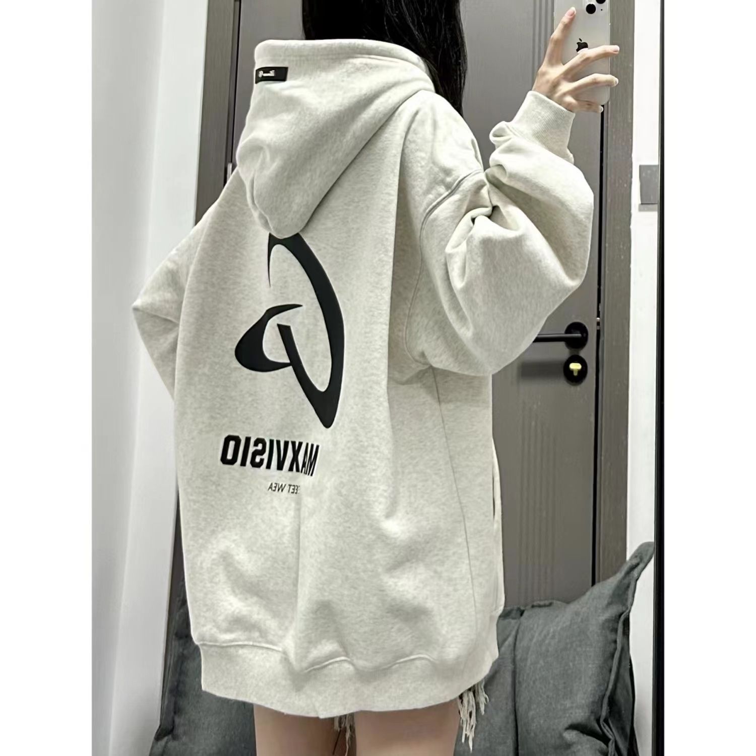 100%紡棉美式高街寬鬆灰色衛衣外套女oversize小眾ins風潮流上衣