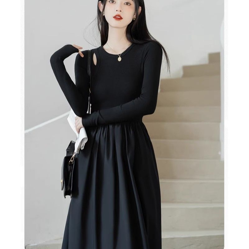 法式复古秋季2023新款女装收腰显瘦遮肚减龄高级感黑色长袖连衣裙