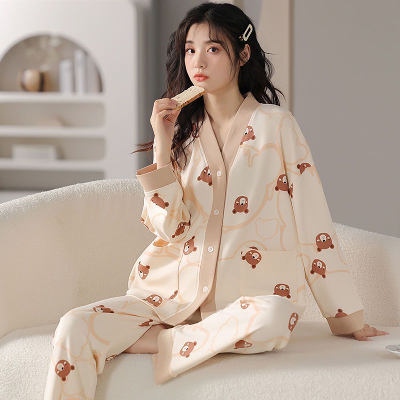 新款純棉睡衣女春秋季長袖韓版卡通少女士無領開衫套裝寬鬆家居服