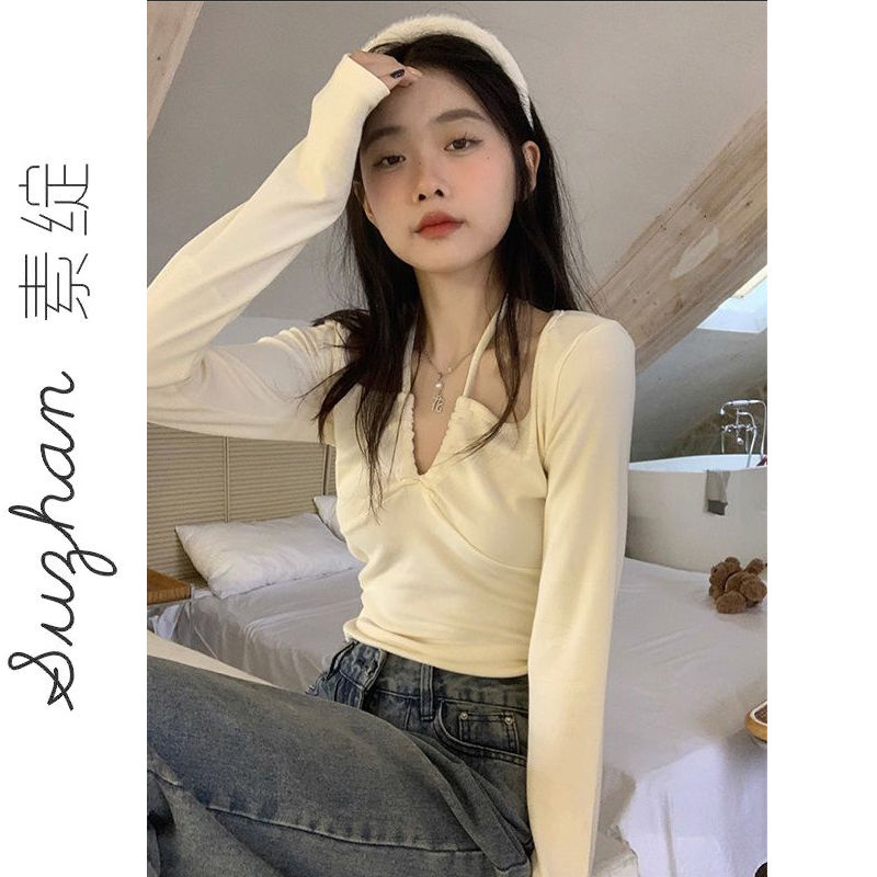 白色新款純欲風綁帶簡約設計感上衣女秋冬鹽系穿搭顯瘦長袖t恤ins