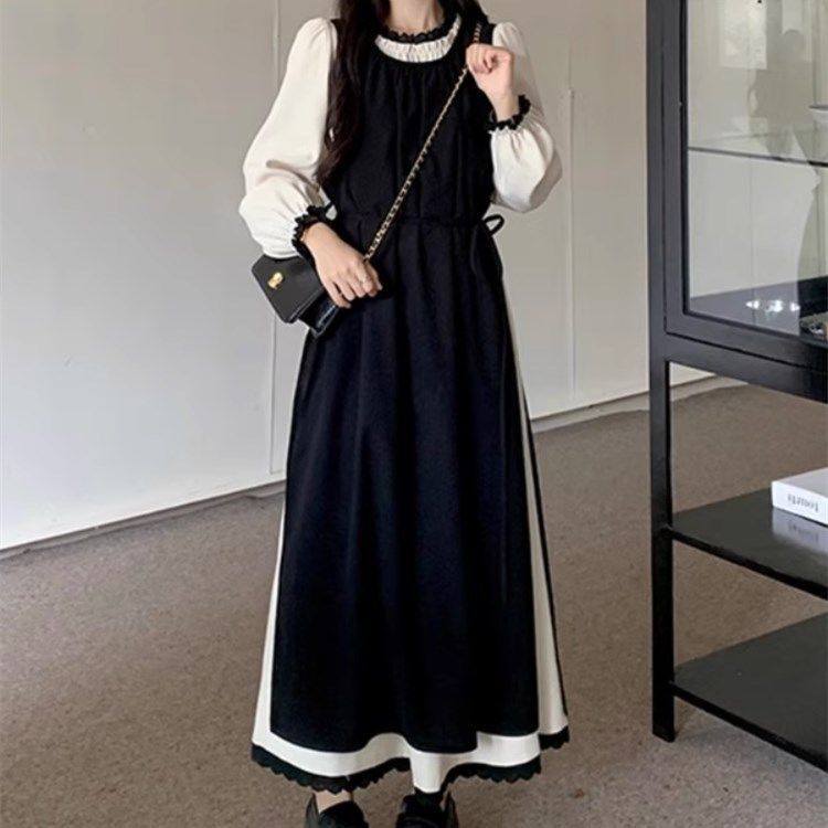 赫本风套装女设计感开叉叠穿背心裙秋季法式长袖连衣裙大码两件套