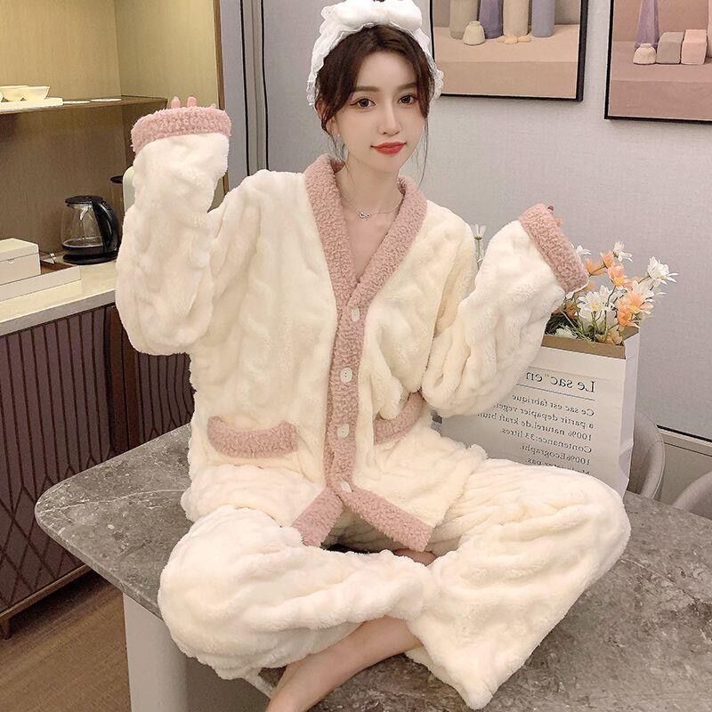 珊瑚絨睡衣女秋冬季加絨加厚長袖網紅款學生可愛法蘭絨家居服套裝