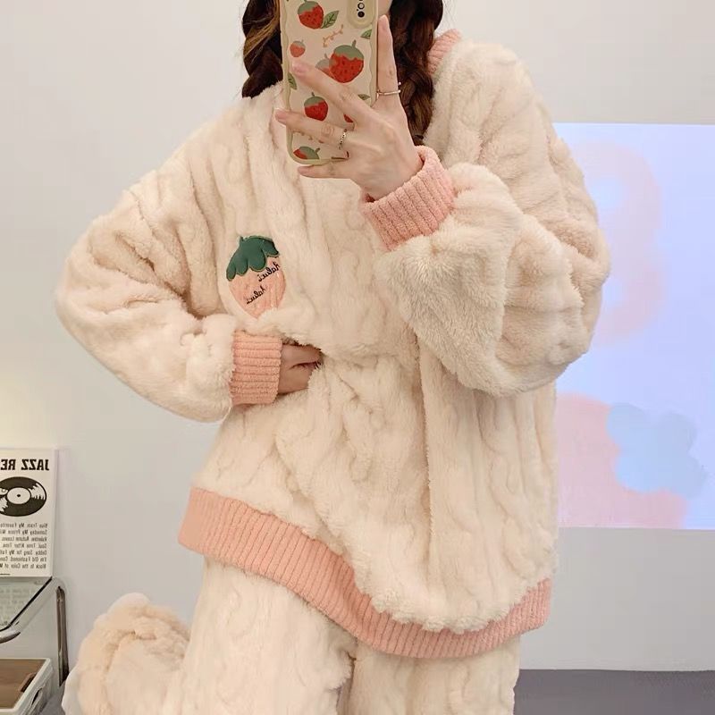 珊瑚絨睡衣女秋冬季加絨加厚長袖網紅款學生可愛法蘭絨家居服套裝
