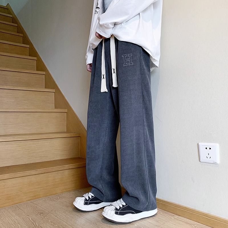 燈芯絨休閒長褲男春秋季寬鬆顯瘦直筒褲子復古潮流闊腿褲垂感衛褲