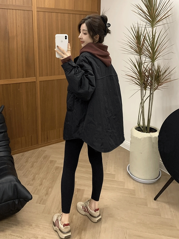 韓版工裝風大口袋棉衣外套女2023秋冬新款寬鬆休領百搭翻領棉服潮