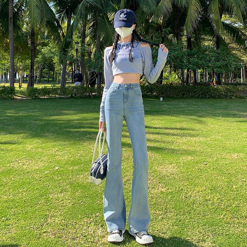 洋氣微喇叭牛仔褲女高腰顯瘦淺藍闊腿彈力拖地小個子修身馬蹄褲女