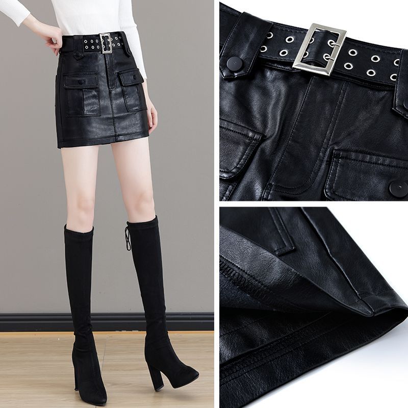 2023 new pu leather skirt skirt pants autumn and winter women's short skirt versatile slimming high waist slim a-line hip-covering pants skirt