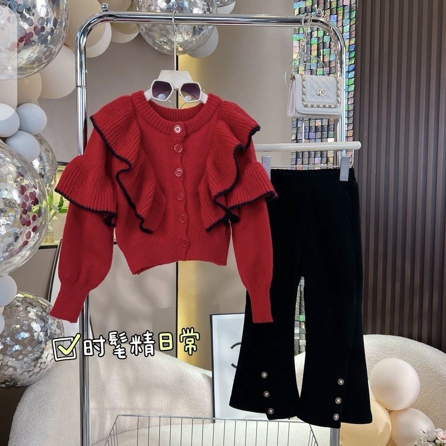 女童秋季套裝2023新款韓版休閒設計感木耳邊毛衣牛仔喇叭褲兩件套