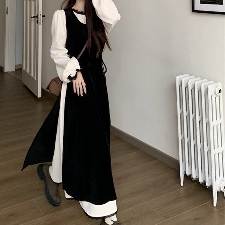 An Xiaoluo black two-piece suit skirt plus size autumn new long-sleeved design stitching embroidery edge dress