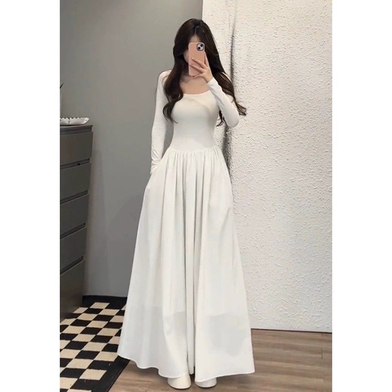 French style outer white waist dress for women, summer, small, tea break, high-end, slimming, temperament, long skirt, autumn clothing