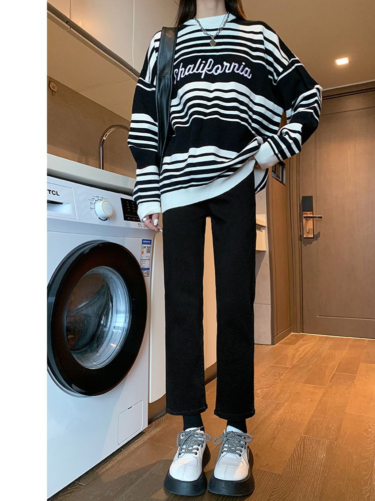 YSYOURS直筒牛仔褲女春秋窄版顯瘦高腰小個子大碼黑色九分煙管褲