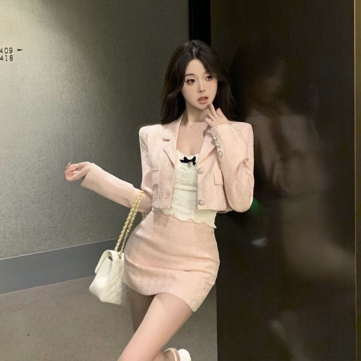 小香風氣質名媛套裝女粉色西裝短外套包臀半身短裙秋季新款兩件套
