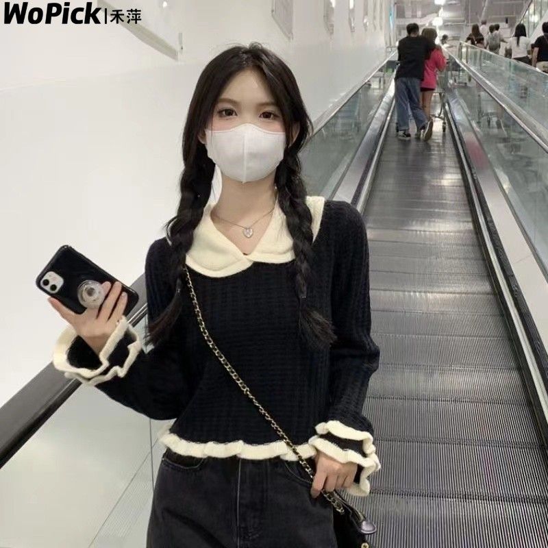 法式短款內搭設計感小眾毛衣女黑色針織衫秋冬季打底衫小個子上衣