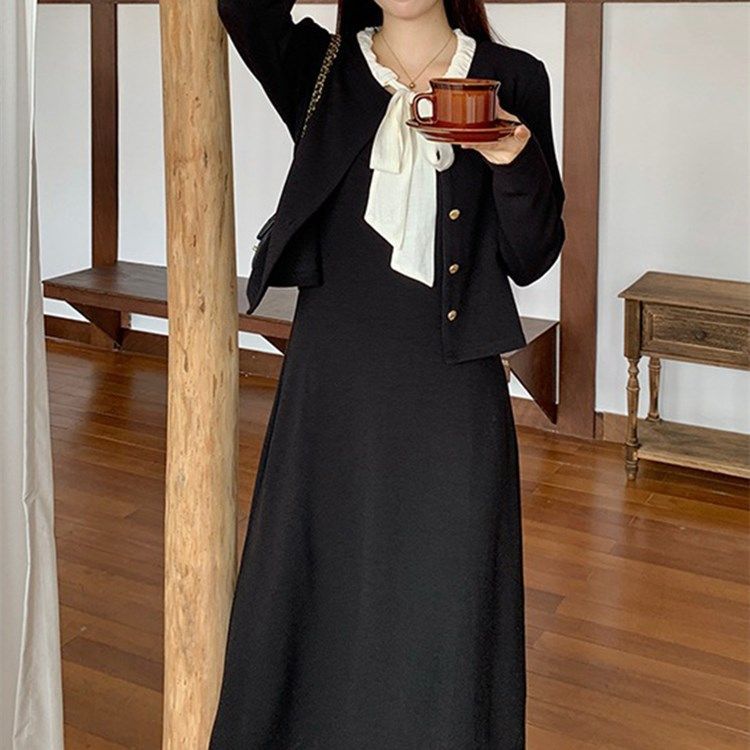 大碼秋季新款名媛小香風套裝女秋裝針織長袖開衫黑色吊帶裙兩件套