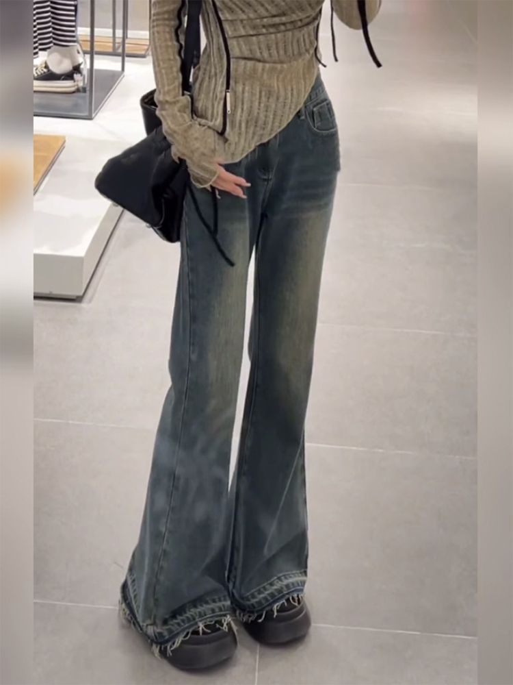 復古毛邊微喇牛仔褲女秋季新款高腰寬鬆顯瘦百搭直筒拖地喇叭褲子