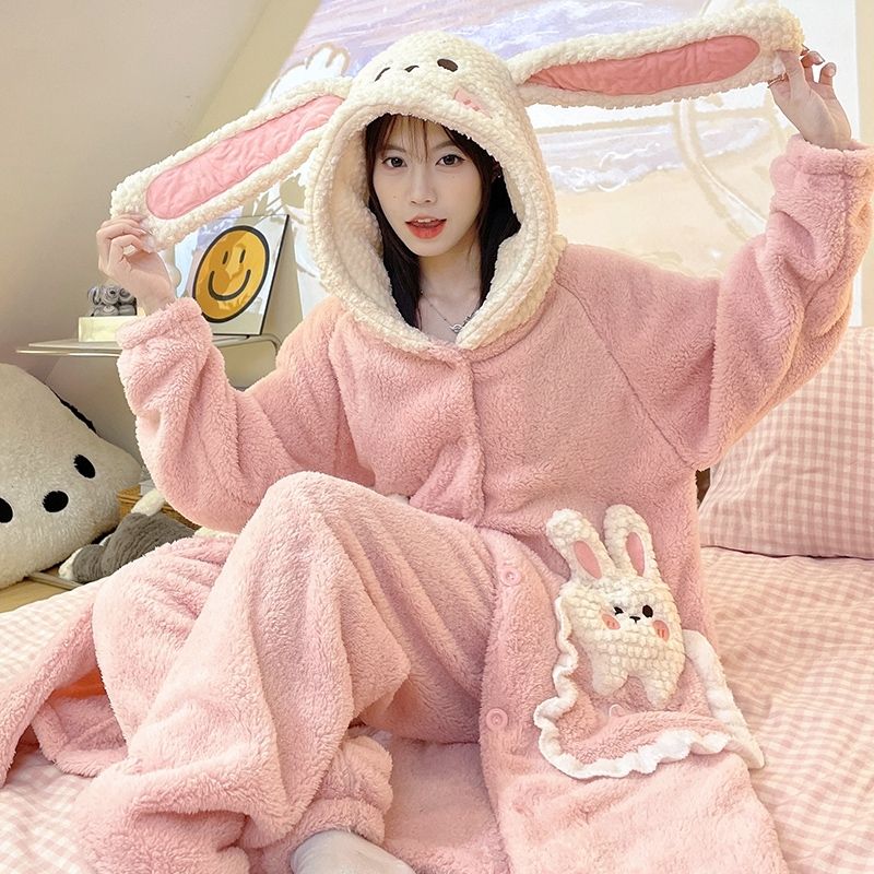 珊瑚絨連帽睡衣女秋冬季卡通可愛ins風長袖長款珊瑚絨睡袍家居服