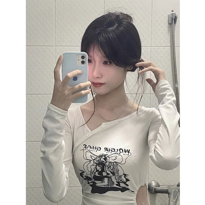純欲正肩緊身鎖骨鏤空辣妹長袖T恤女2023新款秋季設計感小眾上衣