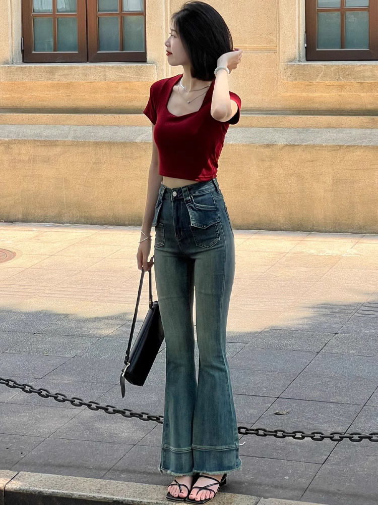 美式高街復古微喇叭牛仔褲女小個子設計感小眾高腰窄版馬蹄拖地褲