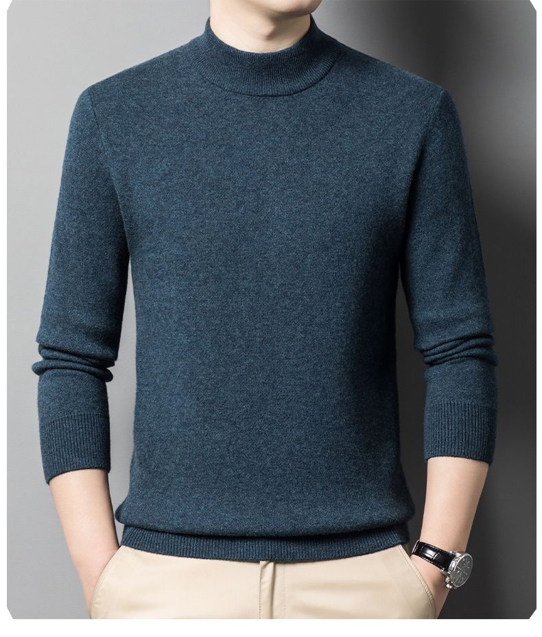 Cashmere 100% Middle aged Men's Solid Color Half High Collar Black Underlay Sweater Men's Thickened Sweater Pullover_voghion.com