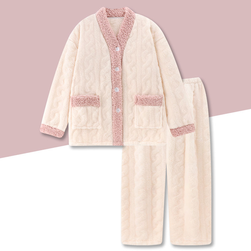 日系ins加絨加厚珊瑚絨睡衣女士秋冬季長袖v領可愛家居服保暖套裝