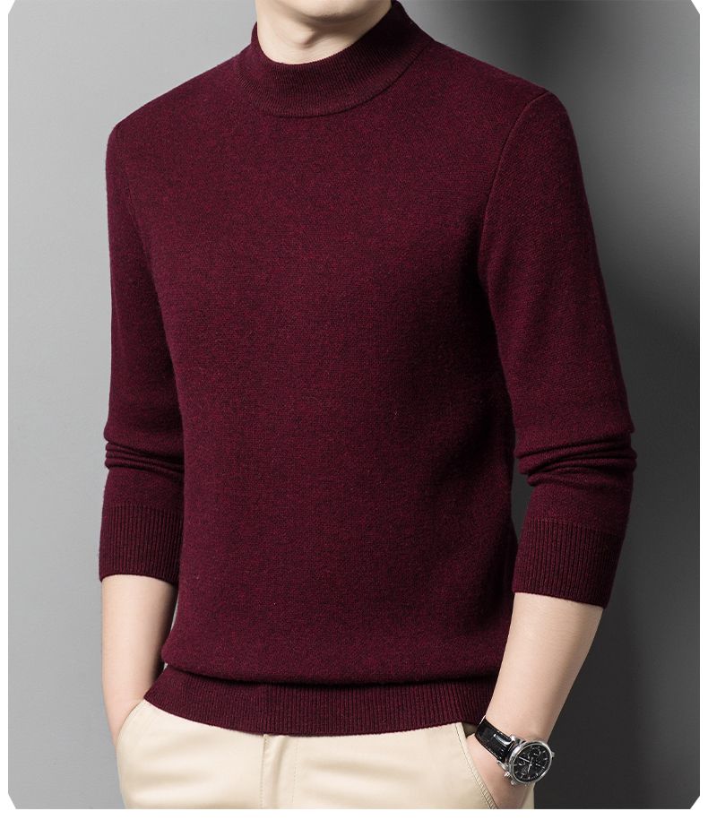 Cashmere 100% Middle aged Men's Solid Color Half High Collar Black Underlay Sweater Men's Thickened Sweater Pullover_voghion.com