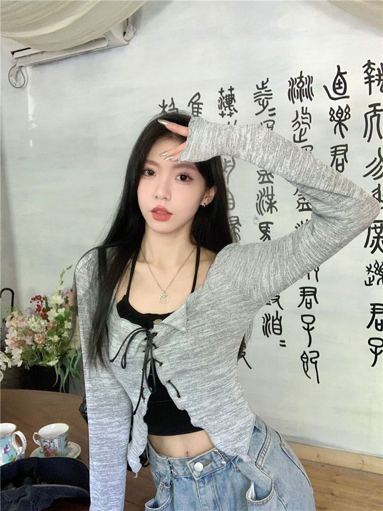 純欲風辣妹時尚套裝秋季新款露肩吊帶+性感綁帶開衫T恤上衣