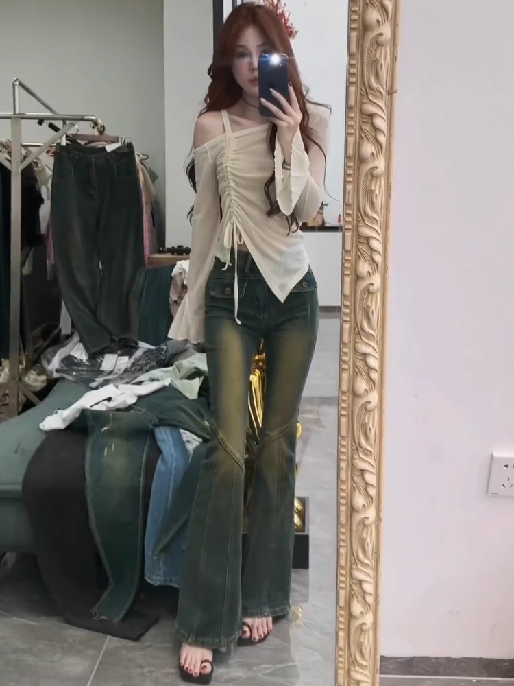 歐美性感御姐甜辣妹微喇叭牛仔褲女設計感小眾修身彈力顯瘦馬蹄褲