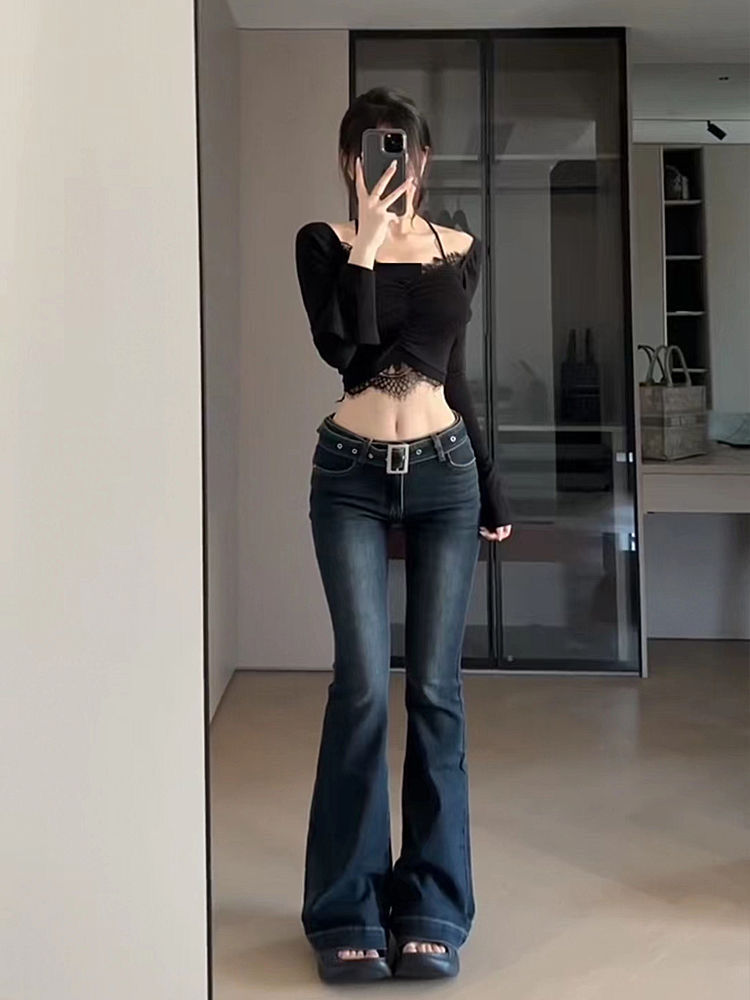 小個子美式復古深藍色高腰微喇牛仔褲女辣妹修身顯瘦喇叭拖地長褲