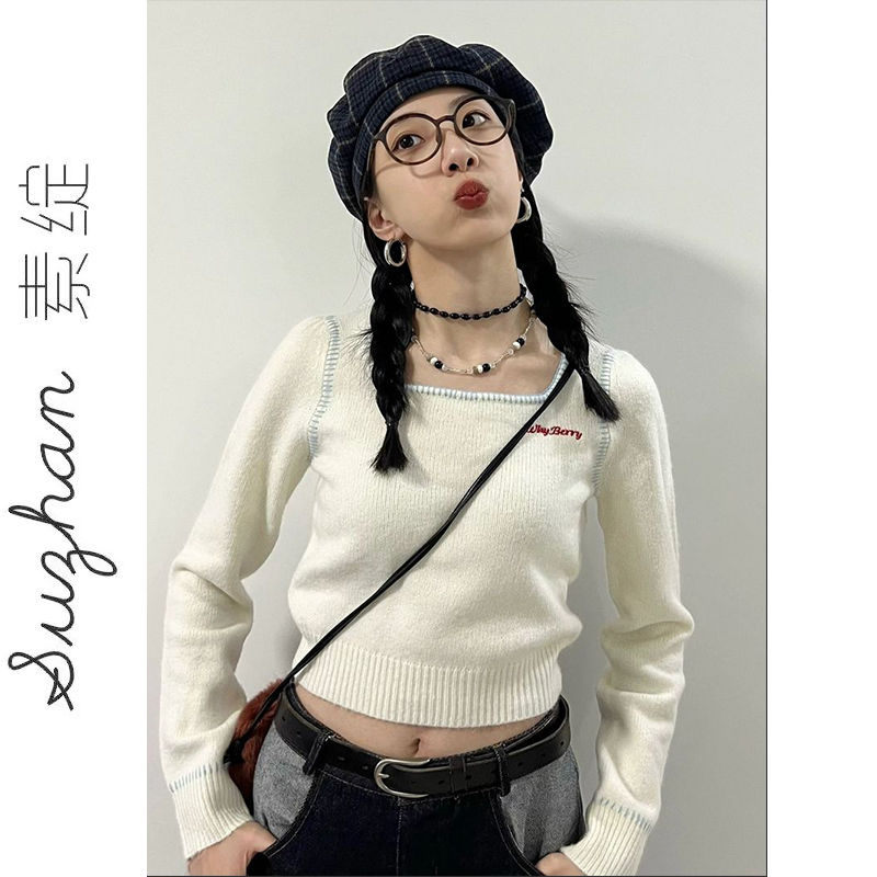 秋冬設計感小個子溫柔風針織上衣女韓版撞色刺繡方領短款長袖ins