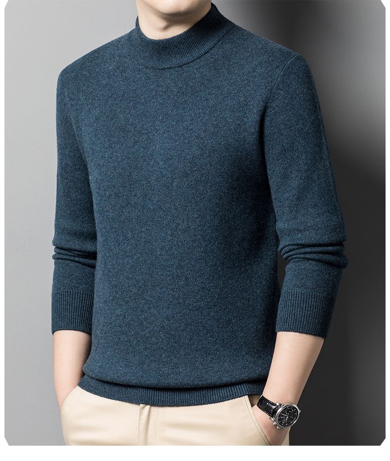 Cashmere 100% Middle aged Men's Solid Color Half High Collar Black Underlay Sweater Men's Thickened Sweater Pullover_voghion.com