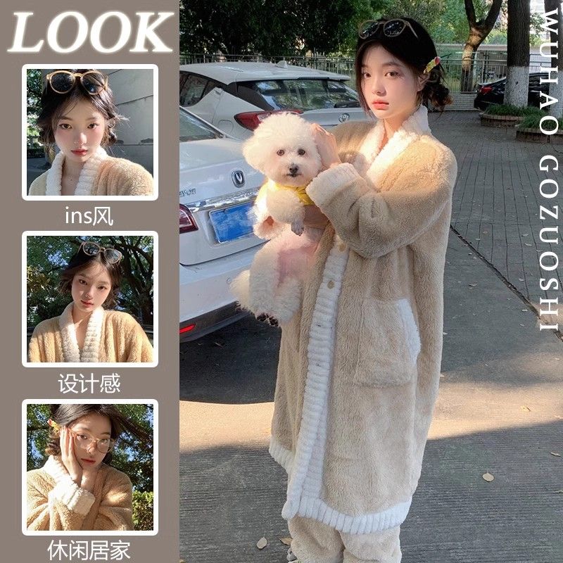 法式高級感加絨加厚珊瑚絨睡衣女秋冬季新款長袖家居服套裝可外穿