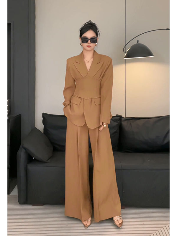 套裝女2023秋季新款高級感輕熟風寬鬆西裝外套高腰直筒長褲兩件套
