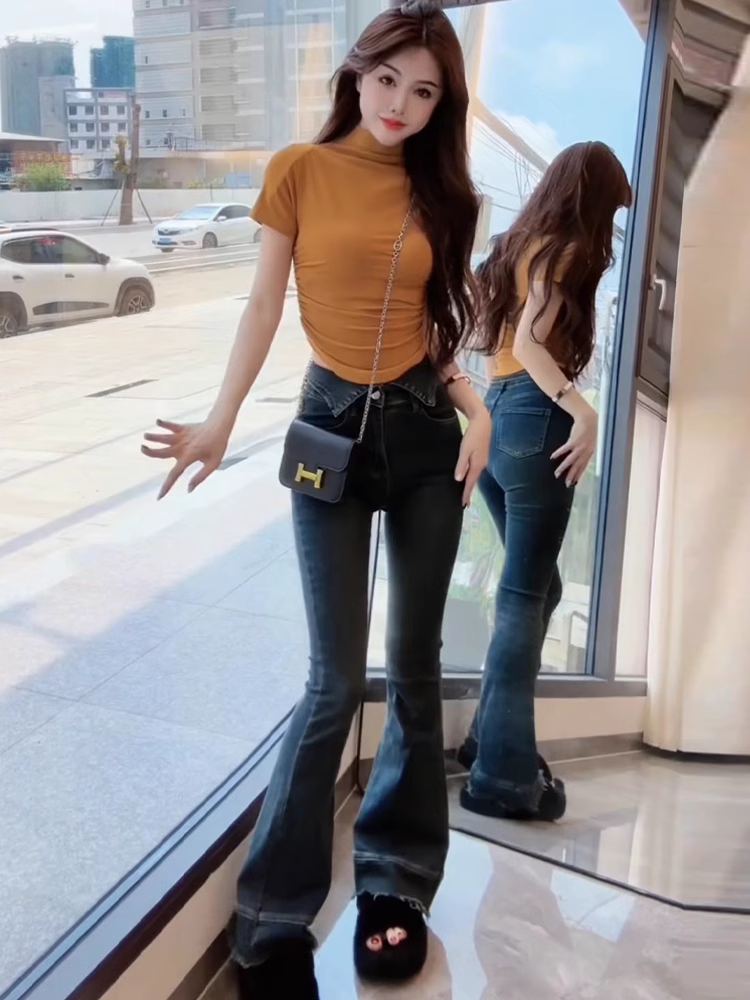 辣妹復古微喇叭牛仔褲女美拉德小個子設計感修身彈力顯瘦馬蹄褲潮