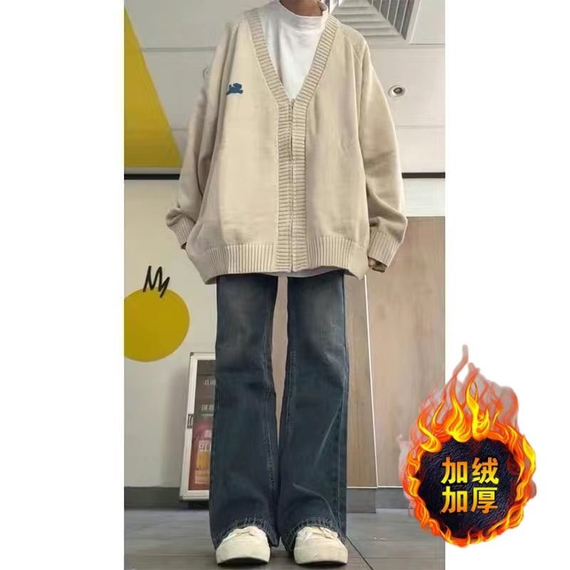 高腰復古加絨闊腿牛仔褲女春秋季2023年新款寬鬆顯瘦小個子拖地褲