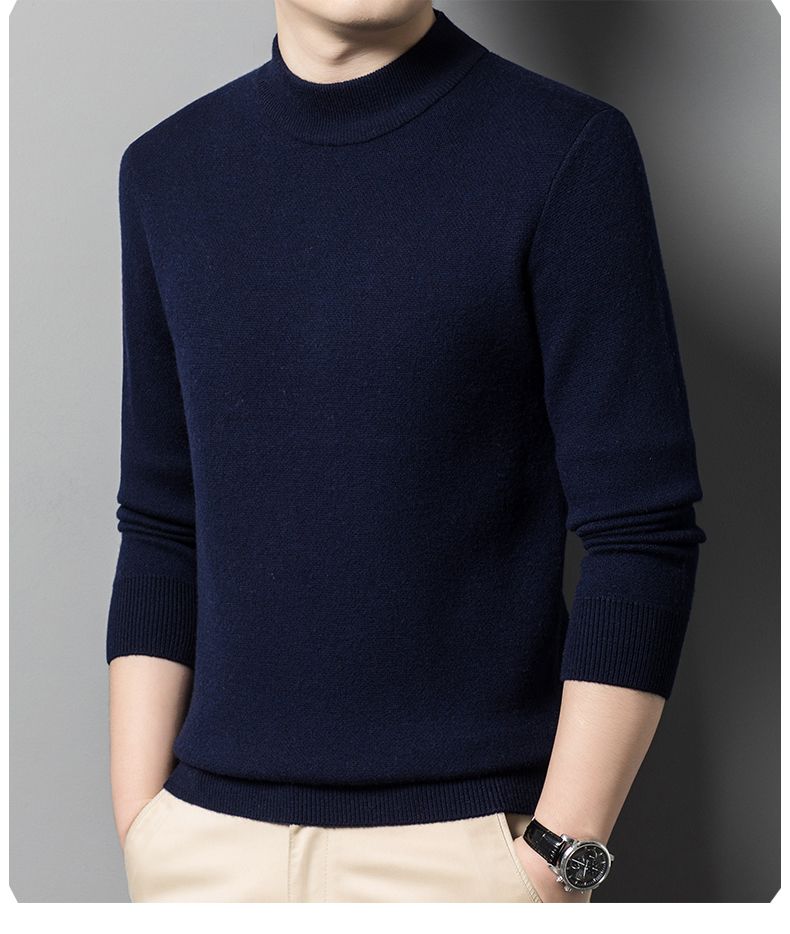 Cashmere 100% Middle aged Men's Solid Color Half High Collar Black Underlay Sweater Men's Thickened Sweater Pullover_voghion.com