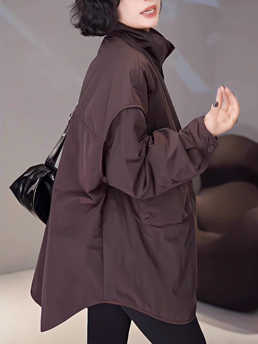 歐洲站韓版時尚寬鬆工裝大口袋簡約立領中長棉外套女秋冬休閒上衣