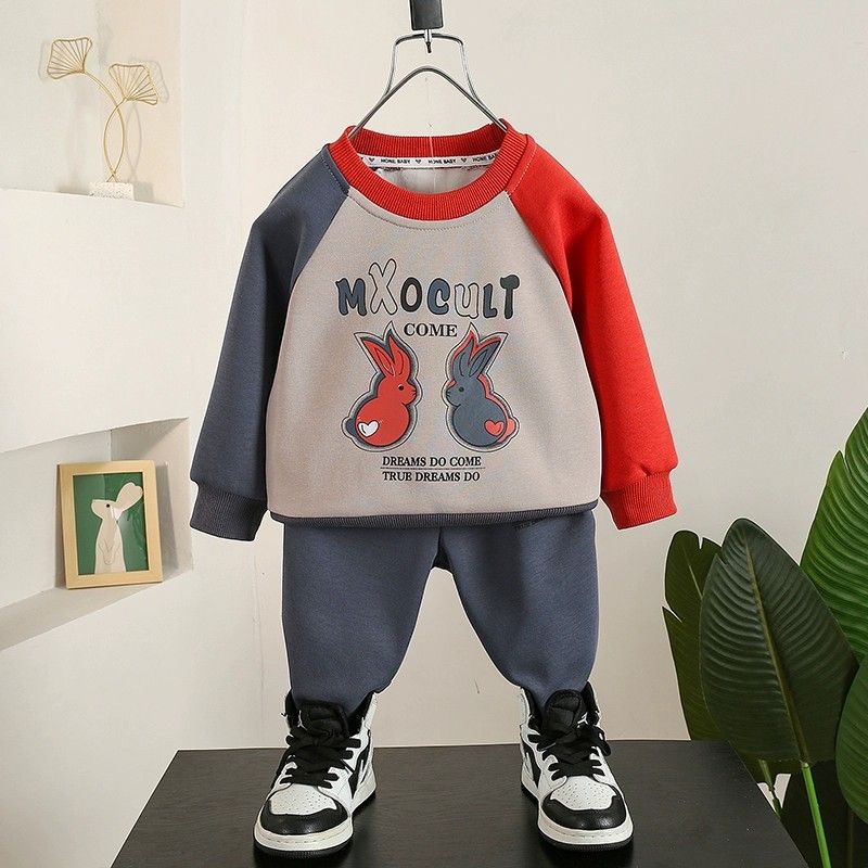 男童秋裝套裝2023新款寶寶秋冬季中小童洋氣衛衣加絨衣服兩件套潮
