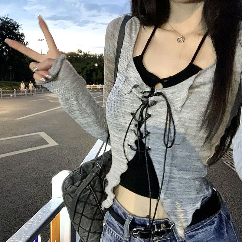 甜酷設計感長袖T恤女春秋露臍短款小眾chic套裝獨特别致辣妹上衣