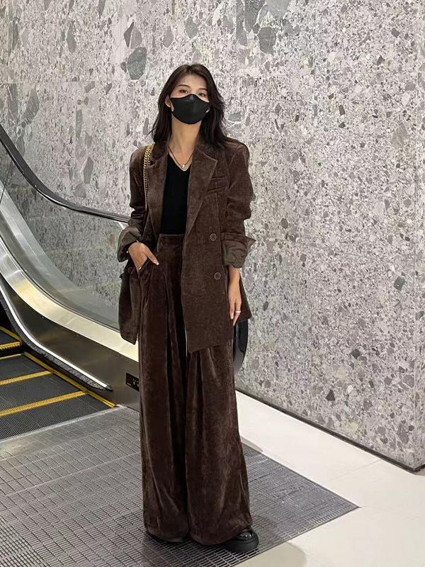 套裝女2023秋季新款高級感慵懶風氣質西裝外套高腰直筒長褲兩件套