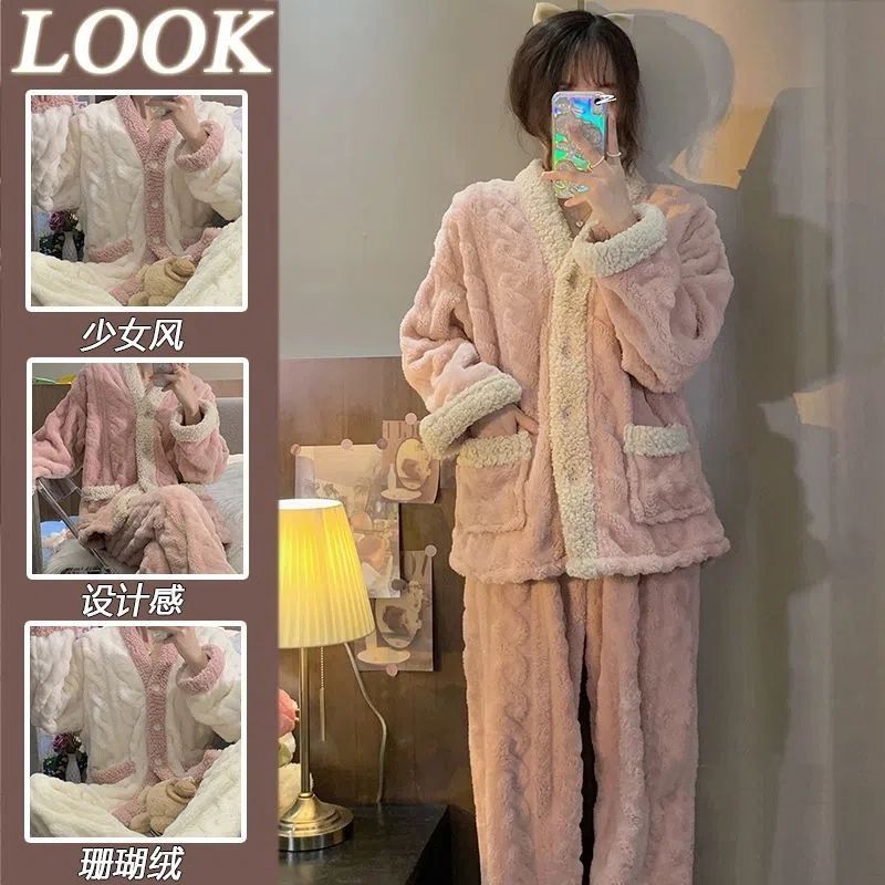 珊瑚絨睡衣女秋冬季長袖加絨加厚法蘭絨甜美可愛家居服套裝可外穿