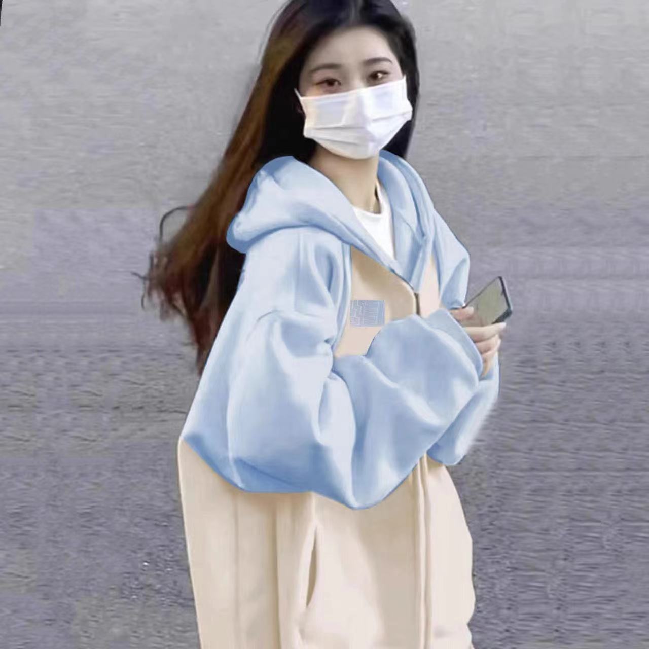 2023 spring and autumn style apricot light blue hooded sweatshirt for women oversize loose slimming lazy style zipper jacket