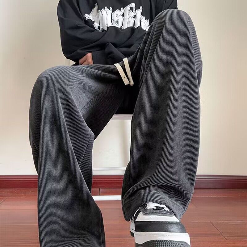 燈芯絨褲子男秋季潮牌垂感直筒寬鬆闊腿褲美式復古男褲休閒運動褲
