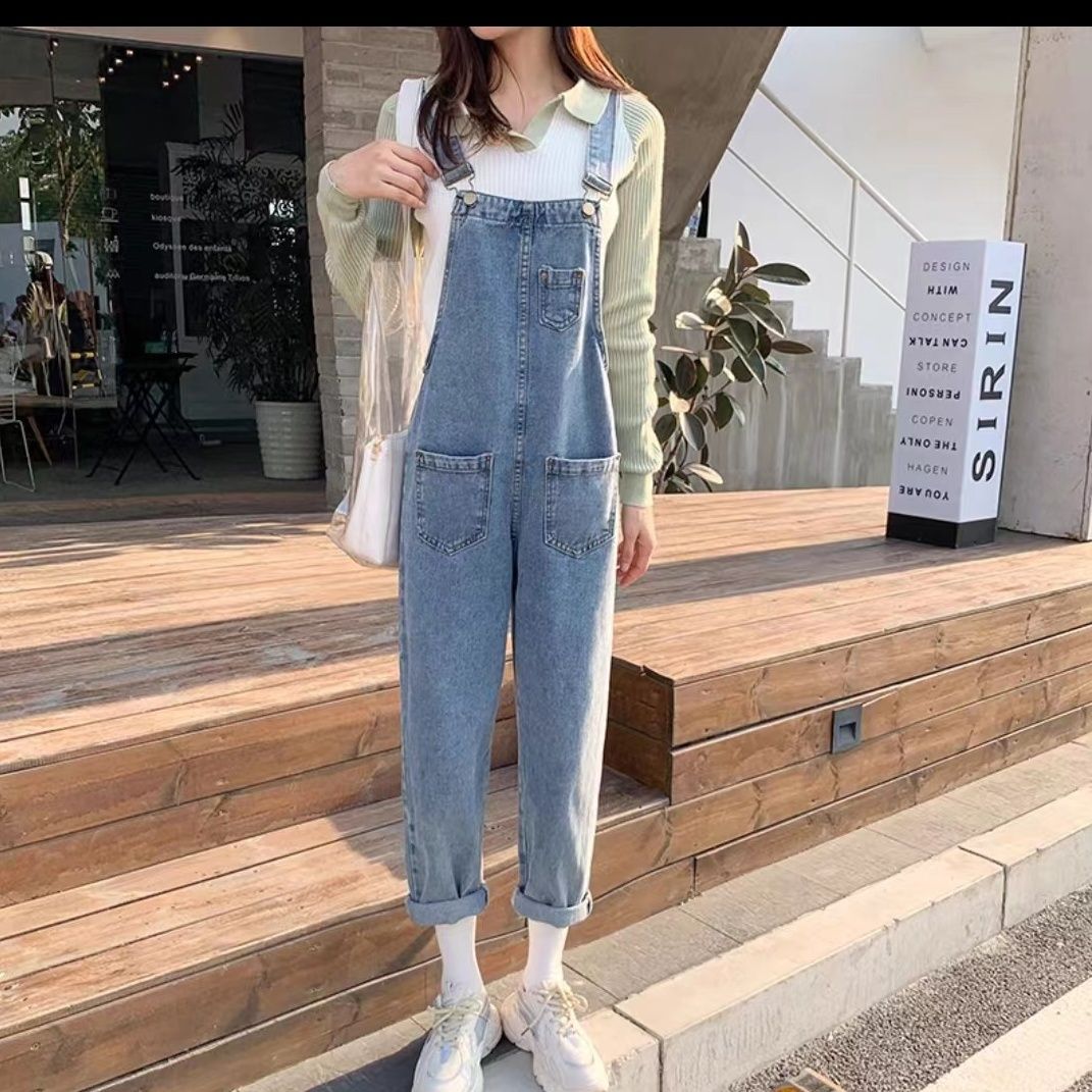 鹽系背帶褲女秋季美式復古寬鬆減齡設計感高腰直筒闊腿拖地牛仔褲