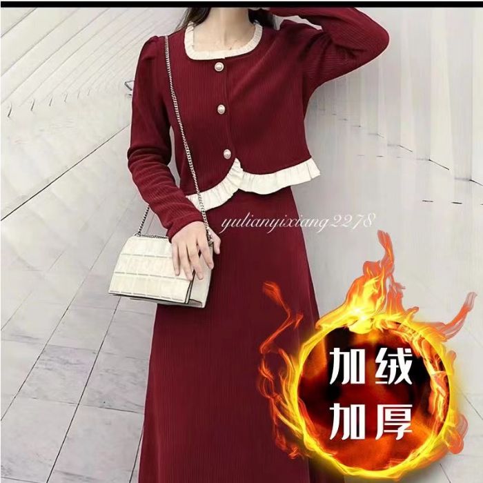 小香風氣質套裝裙女秋冬高級感燈芯絨拼接木耳邊上衣半身裙兩件套
