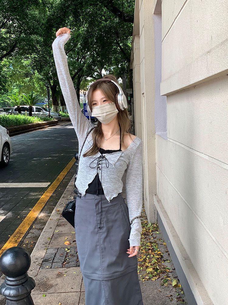 辣妹上衣長袖T恤女潮ins春季新款又甜辣短款chic套裝小眾獨特别致