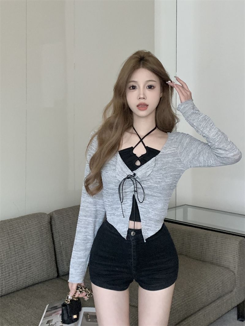 性感辣妹時尚套裝女秋季純欲掛脖抹胸背心薄款外搭針織開衫兩件套