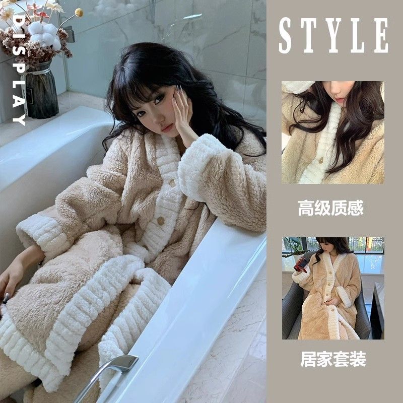 2023新款加絨加厚珊瑚絨睡衣女秋冬季長袖睡袍家居服套裝外穿冬天