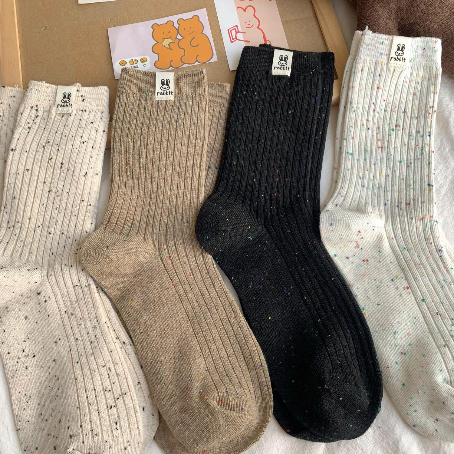 暖秋棕色系襪子女韓版中筒點子紗雲朵兔兔學院風ins可愛百搭卡通