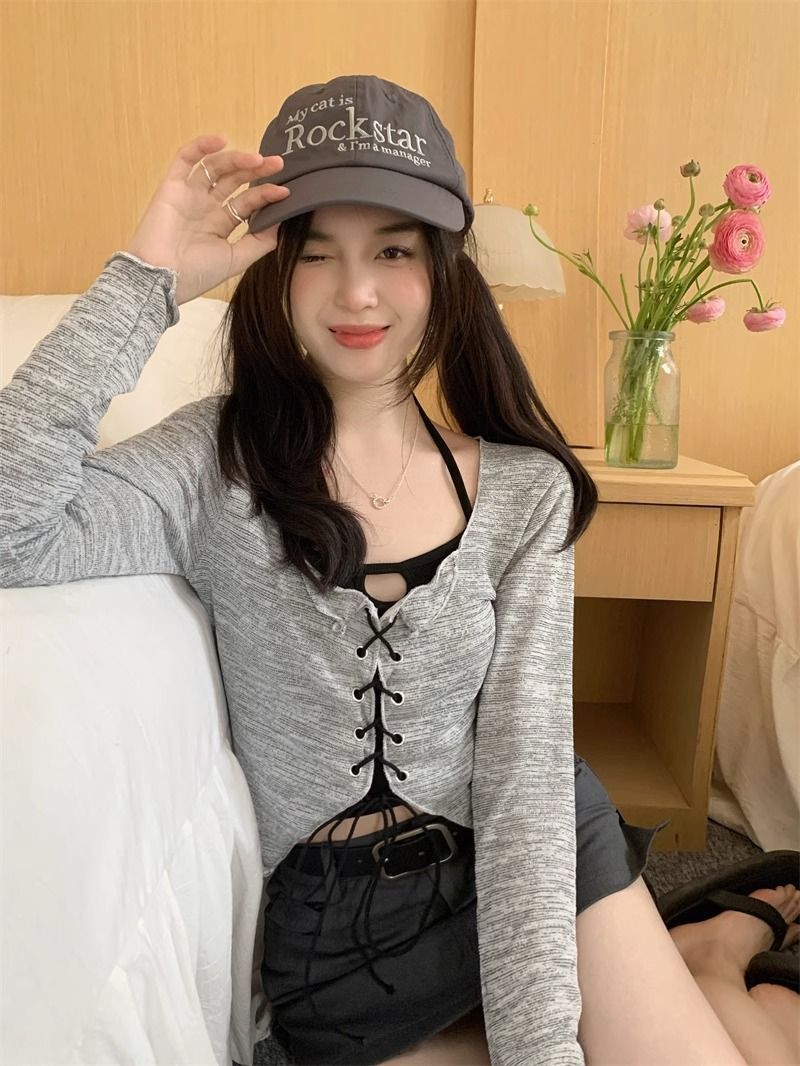 性感辣妹兩件套裝女初秋掛脖抹胸背心設計感薄款系帶針織開衫上衣